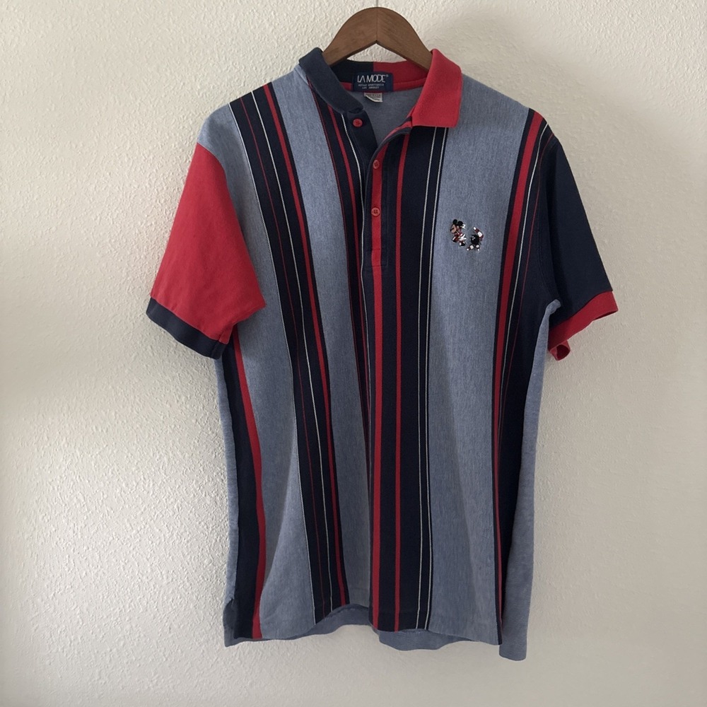 La Mode Polo Shirt MENS L Blue Red Mickey Mouse Bowling Vintage 90s USA Made